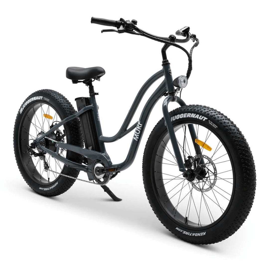 A step-through electric fat bike in black color with fat tires and a control screen on the handlebars.