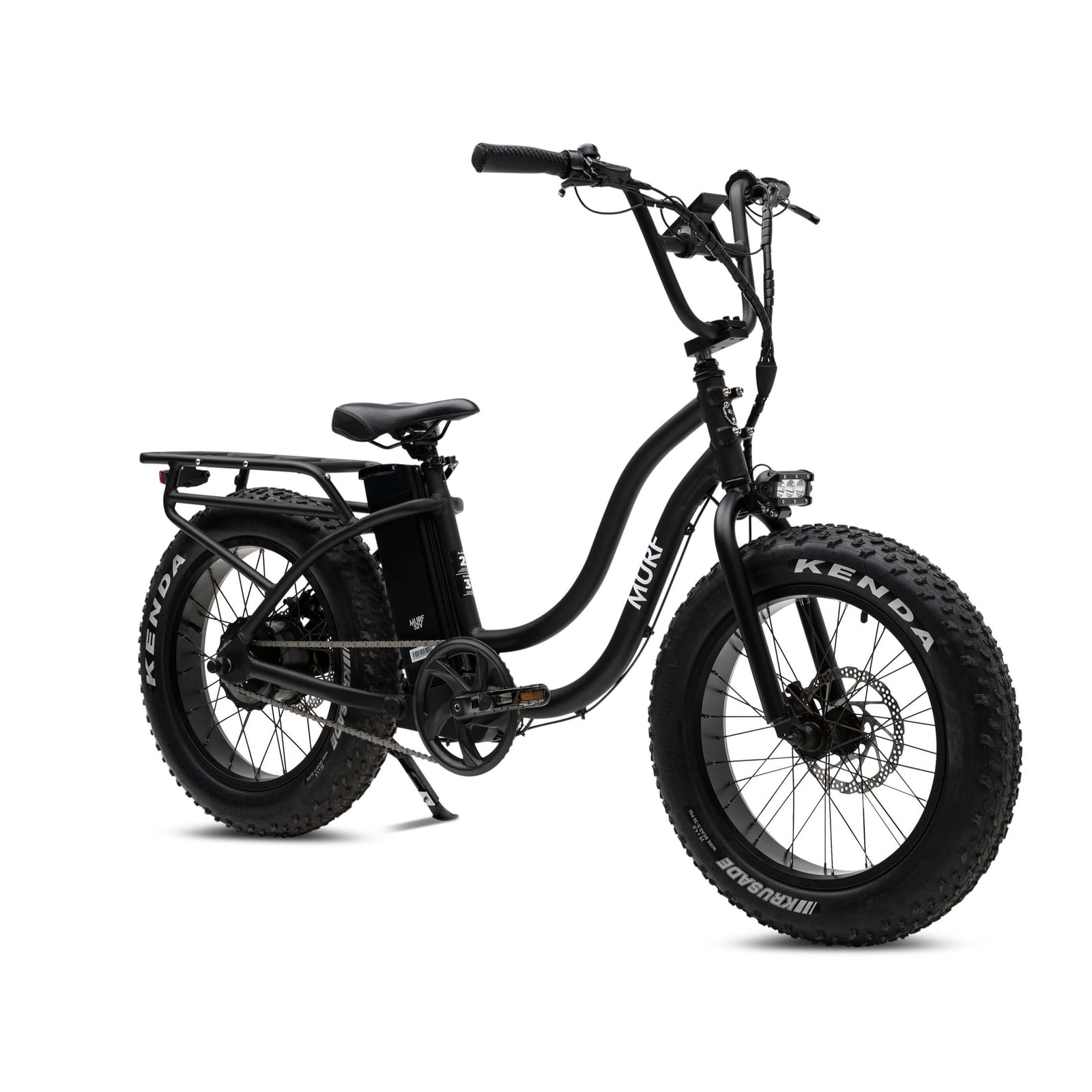 A black electric step-through bike with off-road tires and a low-rise seat post.